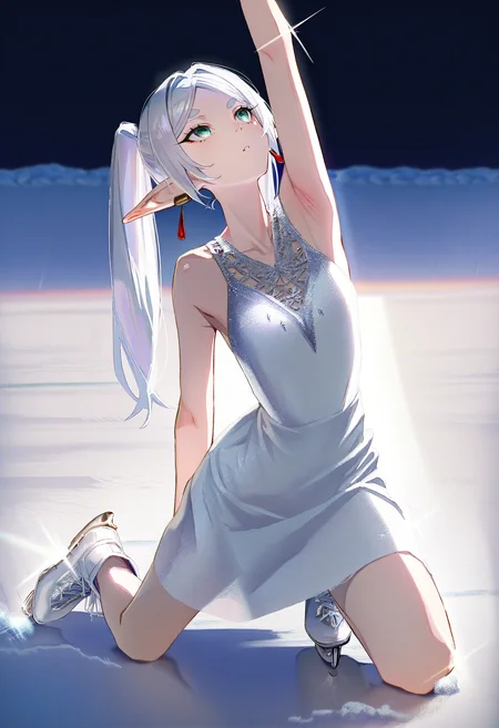 by [lack|fuzichoco|lam|kinta \(distortion\)|wlop|nixeu|happoubi jin|miyajima reiji], (by quasarcake:0.7), impasto,
ice skating, ice skates, 1girl, frieren, solo, green eyes, armpits, arm up, white footwear, on one knee, white dress, white hair, sequins, glint, sparkle, snow, backlighting, night, moonlight, outdoors, frozen lake, looking up,
impasto, vignetting, chiaroscuro, masterpiece, best quality, very aesthetic, absurdres
<lora:illustrious_winter_collection_v11:1>
<lora:illustrious_very_aesthetic_v1:1>
