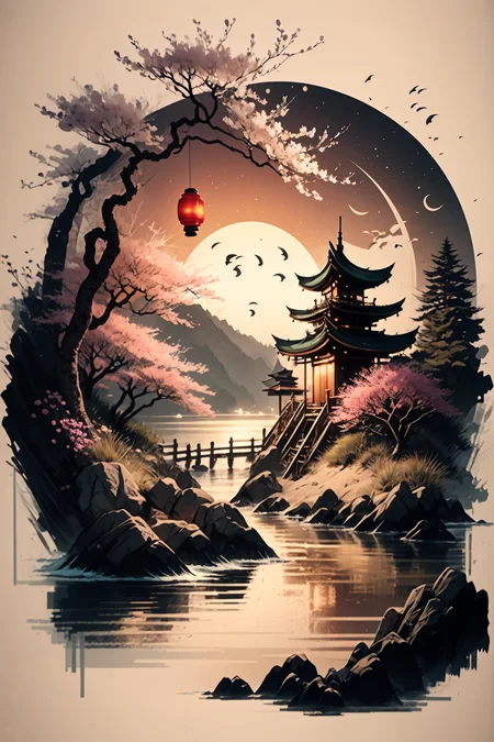 <lora:Calligraphy-ink-style-darquelilly-v1:1> calligraphyinkstyle, Asian wishing lanterns in the night sky, cherry blossom trees, a beach by the sea, volumetric lighting, night time, moonlight rfelected in the water, black background, peacful atmosphere