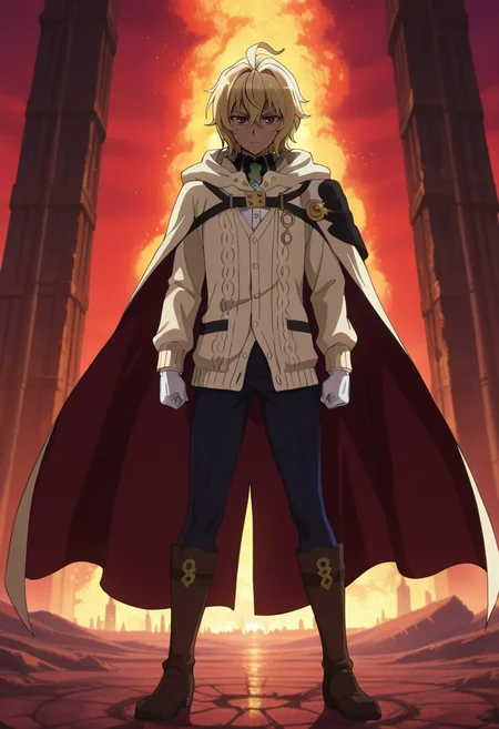 masterpiece, best quality, intricate details, anime screencap, , official style, looking at viewer, 1boy, solo, male focus, <lora:mikaela_hyakuya_ilxl:1>, mikaela_hyakuya, blonde hair, red eyes, short hair, hair between eyes, bangs, ahoge, white gloves, cape, lunar citadel, silver towers, glowing corridors, crater gardens, regal pose, dignified expression, moonlit ambiance, Broderie anglaise Performance leggings, Zip-up cardigan, Derby boots, ,