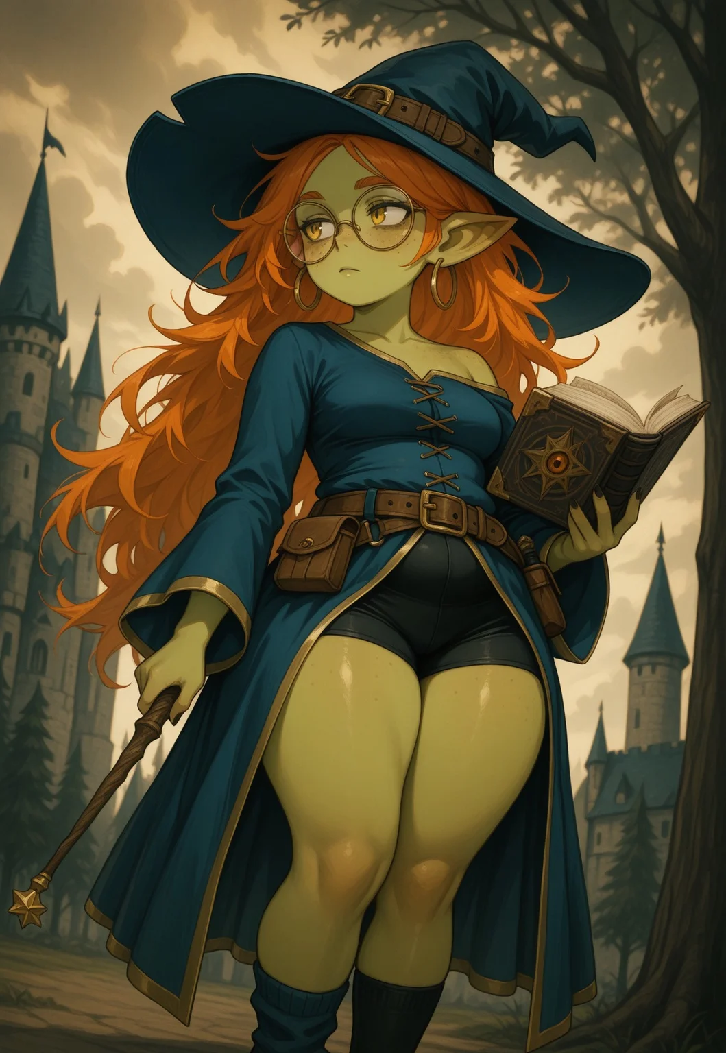 masterpiece, best quality, traditional media, heavy film grain, DFGPT, gothic, 1girl, solo, female goblin, colored skin, green skin, pointy ears, hoop earrings, orange hair, very long hair, messy hair, floating hair, big round glasses, freckles, petite, chubby legs, thick thighs, witch hat, blue robe, gold trim, single bare shoulder, collarbone, belt, belt pouch, taut shorts, mismatched socks, very long sleeves, looking to the side, holding wand, holding book, outdoors, castle, tree, cloudy sky, dramatic lighting, warm lighting, close shot, dynamic angle, sharp shading, intricate details.