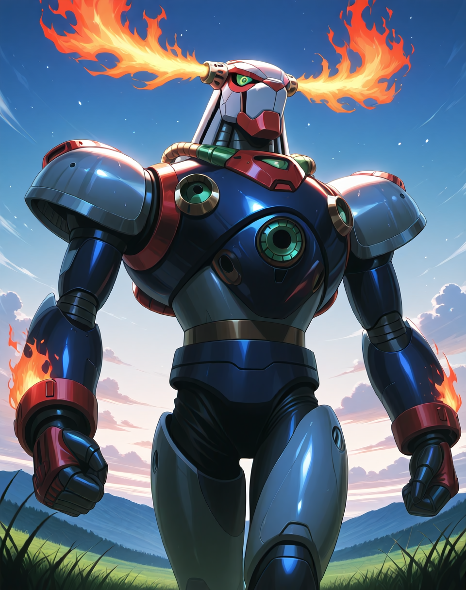 <lora:Flame_Stag_(Mega_Man_X)_(Illustrious)_(AD):1> Flame Stag, reploid, MMX, 
exterior, sky with clouds, grassy valley,
male focus, intense shadows, dynamic shadows, intricate details, attention to details, gradient coloring, bright vivid colors, robot, bent leg, glossy metal body, dynamic action, cowboy shot, 
BREAK very awe, masterpiece, best quality, amazing quality, very aesthetic, highres, absurdres, photographic realism, 8K CGI render,
EZRealPONYXL, zPDXL, Smooth Quality, lazynsfw,