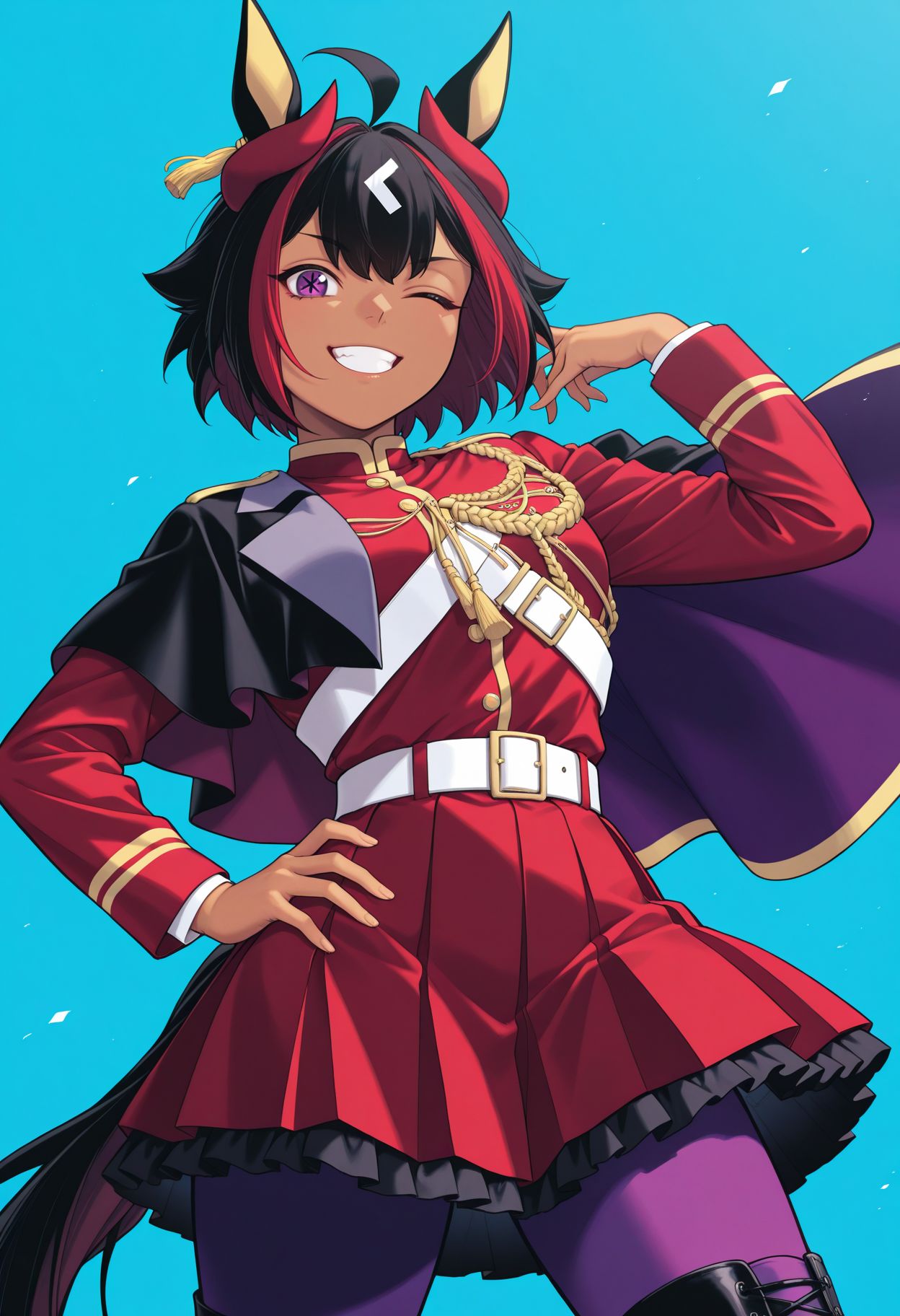 masterpiece,best quality,absurdres,highres,very aesthetic,high quality,detailed,insanely detailed,beautiful,perfect lighting, looking at viewer, hand on hips,smile, open mouth, light blue background,one eye closed, very awa
 upper body, cross-shaped_pupils 
 <lora:Mill Wakaba illu:1>1girl, animal ears, horse girl, horse tail,
black footwear, boots, smile, purple pantyhose, purple eyes, multicolored hair, pleated skirt, black hair, streaked hair, ahoge, long sleeves, jacket, looking at viewer, epaulettes, simple background, dark-skinned female, aiguillette, belt, grin, red skirt, cape, dark skin, white hair
