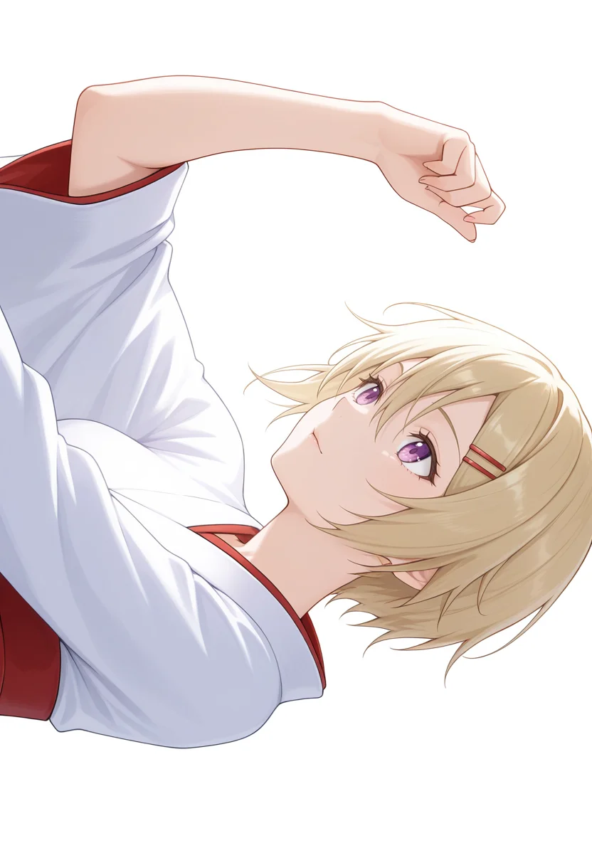 Smooth Quality,masterpiece,very intricate, high quality details, ultra realistic, high detailed skin,detailed enviorement,absurdres,
simple background, white background,
sideways,dancing,
:i,solo,
<lora:Tiss_CNR:0.8> tiss_cnr, 1girl, blonde hair,purple eyes, short hair, hair between eyes,hairclip, kimono, ,flight jacket, ,high-waist pants, ,