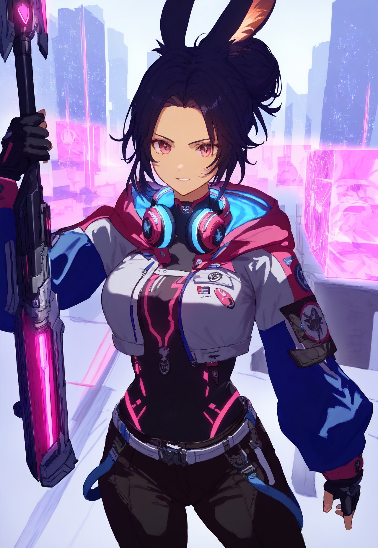 masterpiece, high score, great score, absurdres, V4NGU4RD, weapon, 1girl, gun, solo, holding, holding weapon, headphones around neck, hair bun, black bodysuit, gloves, vanguard twinfangs, black hair, viera, single hair bun, hair ornament, cyberpunk, hooded jacket, belt, Vanguard Breeches of Scouting, vanguard bolero, pink theme, Neon, glowing , straps