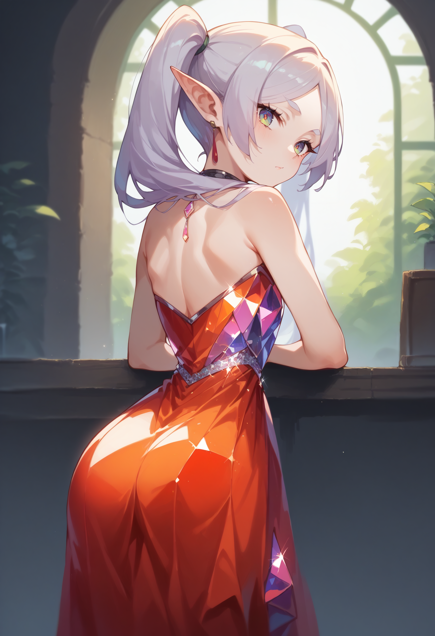 score_9, score_8_up, score_7_up, score_6_up, source anime,
nereirfpnxl, frieren, pointy ears, elf, red earrings, twintails,
crystalline dress, bare shoulders, looking at viewer, from behind, hip vent,
volumetric lighting, low key, high contrast, dark room, furniture, indoors, vivid color, window,
masterpeice, best quality, very aesthetic, absurdres
<lora:frieren_nereirfpnxl_pony_v2:0.8>
 <lora:crystalline_dress-PD-1.0:1>