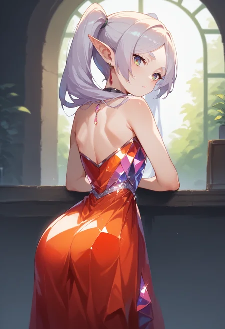 score_9, score_8_up, score_7_up, score_6_up, source anime,
nereirfpnxl, frieren, pointy ears, elf, red earrings, twintails,
crystalline dress, bare shoulders, looking at viewer, from behind, hip vent,
volumetric lighting, low key, high contrast, dark room, furniture, indoors, vivid color, window,
masterpeice, best quality, very aesthetic, absurdres
<lora:frieren_nereirfpnxl_pony_v2:0.8>
<lora:crystalline_dress-PD-1.0:1>