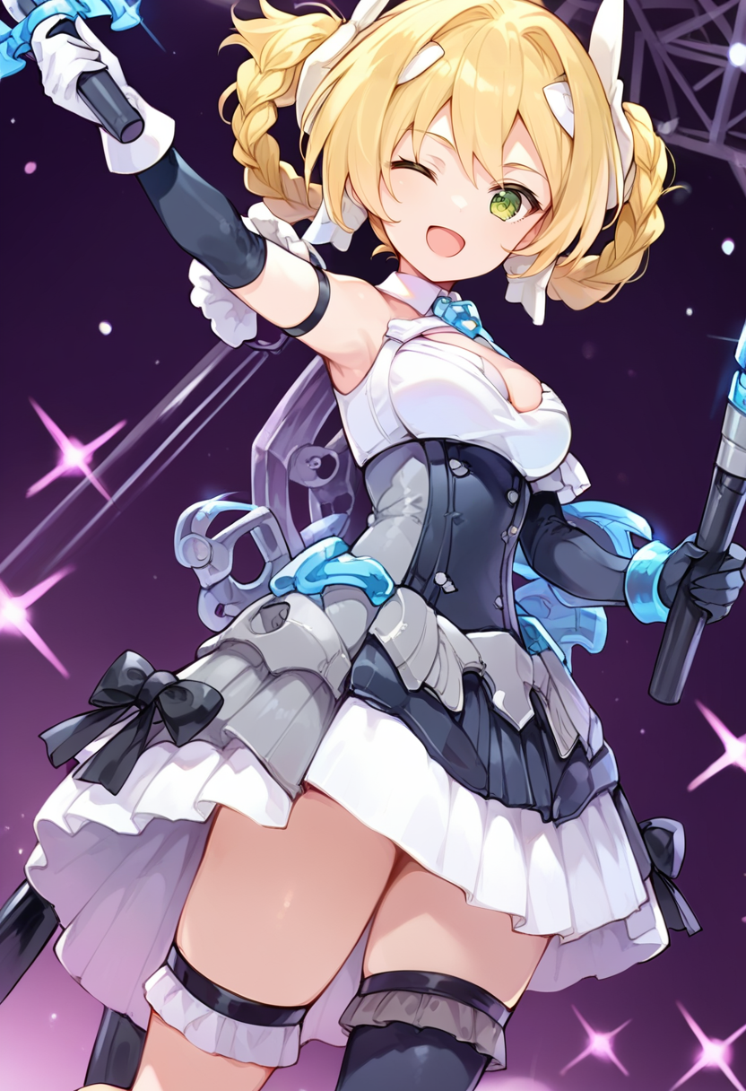 (score_9:0.9),score_8_up,score_7_up,anime style,rating_safe,<lora:30ms Alpha Sisters Phantasm ponyXL v1:0.8>,Alpha Sisters Phantasm white,Phantasm dress,holding microphone,microphone,concert,hand up,<lora:SIS-F00 Yuphia ponyXL v3.1:0.72>,SIS-F00 Yuphia,light smile,open mouth,<lora:Anime Boys Style SDXL_LoRA_20r_20e_8i_nr32_a16_Pony Diffusion V6 XL:0.4>,