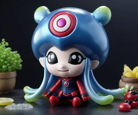masterpiece,absurdres,best quality,solo,1girl,chibi,a jellymon plush on a table,knit,realistic,raw photo,cinematic shot,<lora:JellymonXLV2:0.6>
