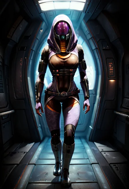 Tali Zorah, 1girl, solo, from below, walking away, wide hips, round ass, full body view, sci-fi spaceship interior background (cinematic color grading lighting vintage realistic film grain scratches celluloid analog cool shadows warm highlights soft focus actor directed cinematography technicolor :1.3)