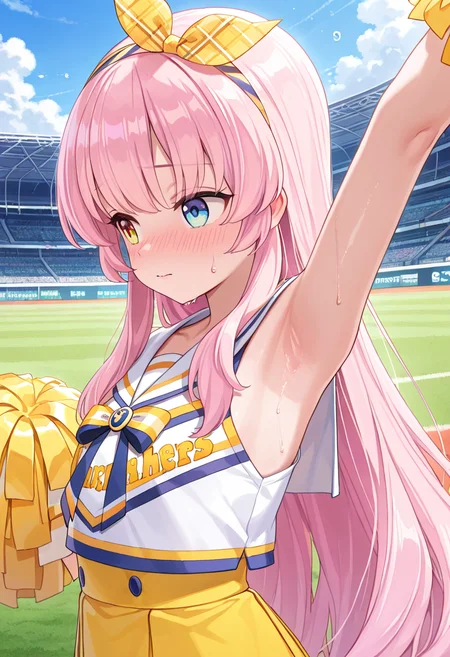 1girl, little girl, upper body, arm up, from side, looking away, <lora:ekscheer_ill_v1:0.7>, ekscheer, cheerleader, long hair, pink hair, yellow blue heterochromia, yellow plaid bow hairband, sailor collar, crop top, yellow pleated skirt, embarrassed, armpits, sweat, stadium, athletic field,
extremely detailed cg, amazing quality, very aesthetic, absurdres, newest,