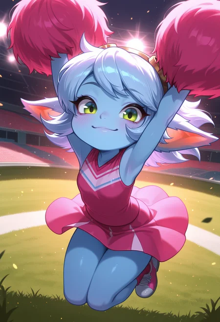 masterpiece, best_quality, amazing_quality, ,11girl, solo, looking_at_viewer, tristana_\(league_of_legends\), blue_skin, yordle 1dawncheer, sleeveless, pink_shirt, pink_skirt1smile111, football_field, jumping,midair