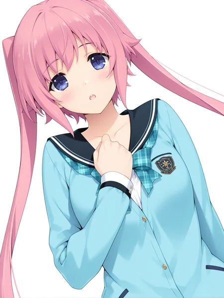 masterpiece,best quality,newest,
<lora:hinata_ilxl_v1.2:1>,1girl,solo,hinata,pink hair,blue eyes,twintails,medium breasts,h_clothes,long_sleeves,light blue uniform,
<lora:Fixhands_anime_bdsqlsz_V1:1>,white background,simple background,upper_body,looking_at_viewer,:o,hand_on_own_chest,smile,dynamic_angle,cinematic_angle,dutch angle,blush,front view,