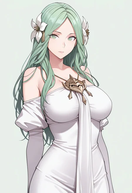 masterpiece, best quality, crimsonj-girl.fightil, 
  1girl, solo, SnowRhea, long hair, green hair, hair flower, hair ornament, green eyes, white dress, bare shoulders, large breasts,
looking at viewer
simple background, perfect anatomy,