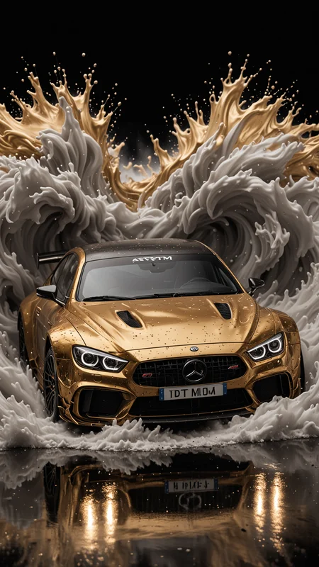 GOLD LIQUID METAL DTM sports car, race car, racing through SILVER LIQUID METAL, liquid metal sprays up from the cars tyres, Car drifting in a black void, <lora:Liquid_Fluid_Metal_XL_-_By_DICE:0.4>