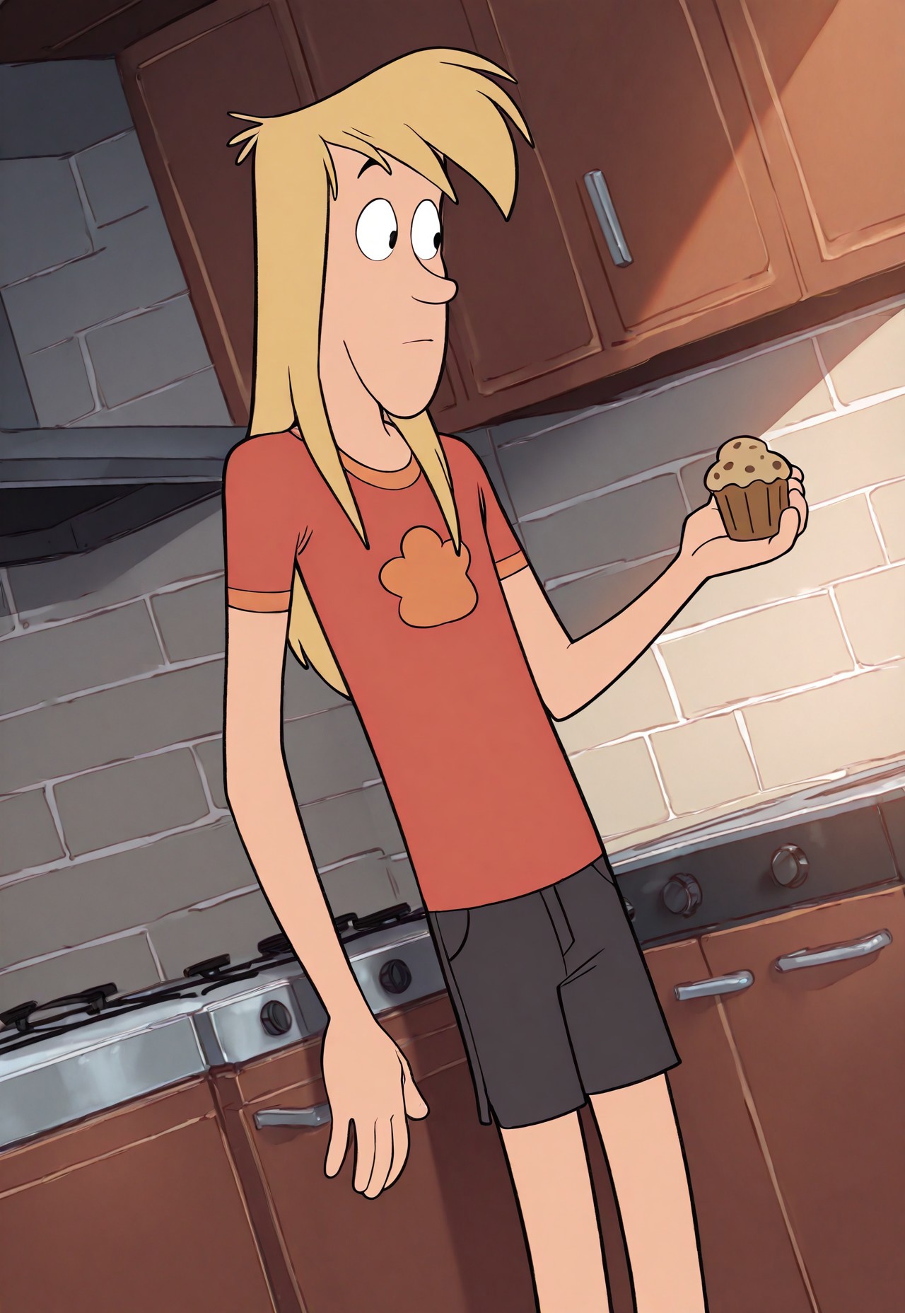 masterpiece, best quality, amazing quality, detailed background, intricate details, dynamic, cinematic, animated, anime realistic shading, solo, male focus, 1boy, handsome, robbi3, le3, blonde hair, long hair, black eyes, red shirt, black shorts, male focus, kitchen background, dutch angle, muffin, holding