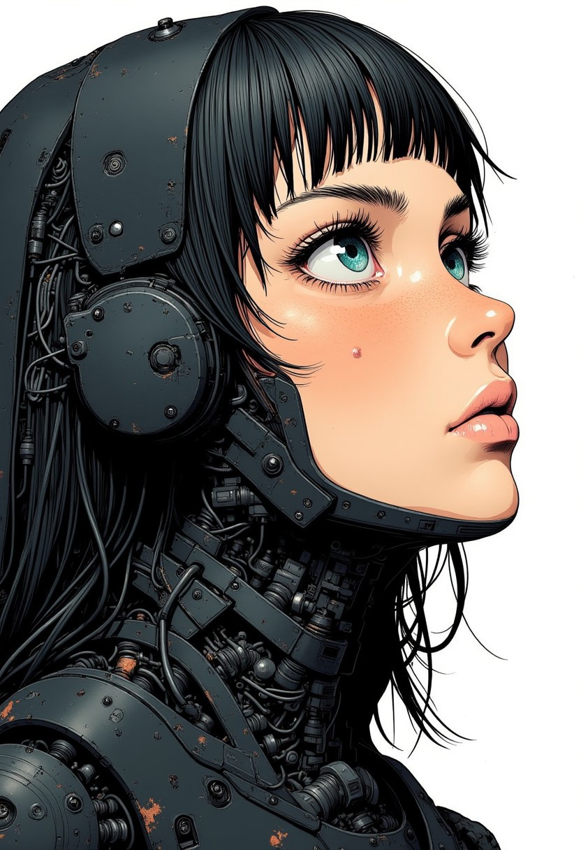 Nistyle, A highly detailed close-up of a robotic nun's face in manga style, featuring intricate mechanical components and a rusted, dystopian skin texture. Her bushy eyebrows are made of metallic filaments, and her dark hair is replaced by sleek, reinforced plating. She gazes upward with a serene, reverent expression, her blue-green eyes glowing softly with a calm light, as if deep in prayer. Exposed wires and micro control panels are visible along her neck and shoulders, adding to her complex design. The drawing is in black and white, emphasizing the futuristic, vintage nun's outfit reimagined in a mechanical style. The shading highlights the intricate details of her robotic habit, blending both solemnity and a sense of advanced technology, creating a mood of solemn devotion and quiet grace amid a dystopian atmosphere.