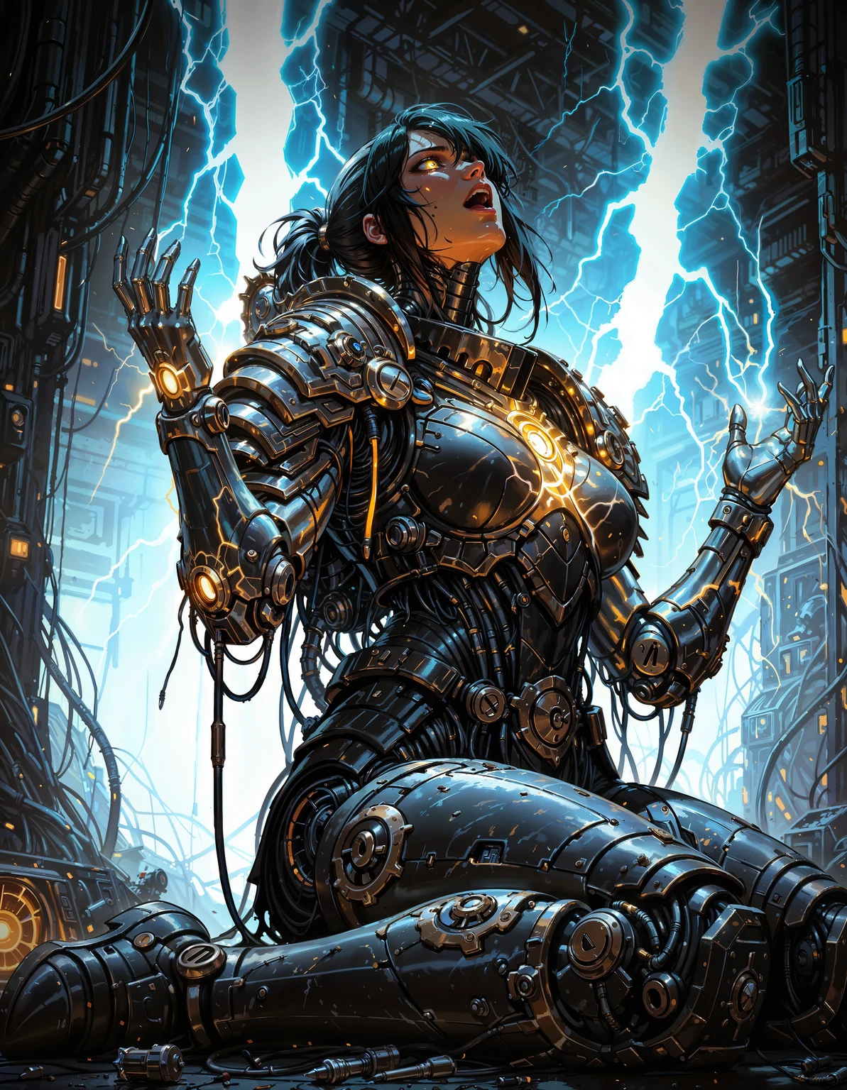 masterpiece, best quality,high quality, newest, highres,8K,HDR,absurdres, solo, sitting, 1girl, glowing, wariza, iLLFerrusM40k, armor, metallic arms, science fiction, on floor, electricity, cable, joints, damaged, mechanical parts, wire, screw, bolt, Countless lightning, electric shock, open mouth, Open five fingers,hands up, Bent back, Low Angle, <lora:iLLFerrusM40k:1> <lora:iLLMythM4gicalL1nes:0.8> M4gicalL1nes
