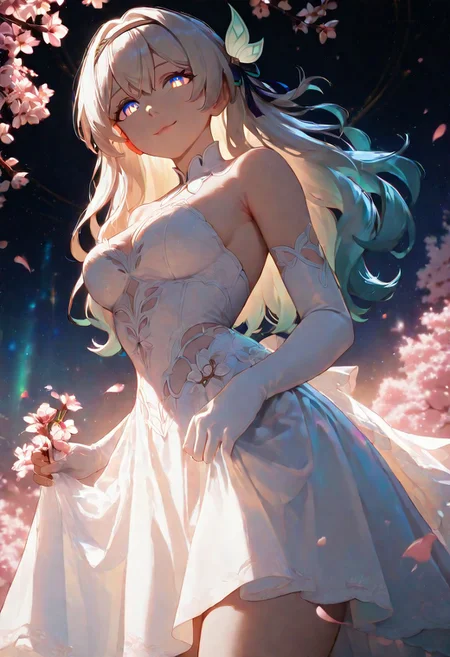 1girl, Firefly Honkai Star Rail, glowing eyes, lips, thin lips, solo, looking at viewer, charming smile, holding a flowers, intricate modern wedding dress, long hem and dress train, elbow gloves, body, from below, back lighting, multicolored background, cherry blossoms, masterpiece, best quality, very aesthetic, absurdres, raytracing,