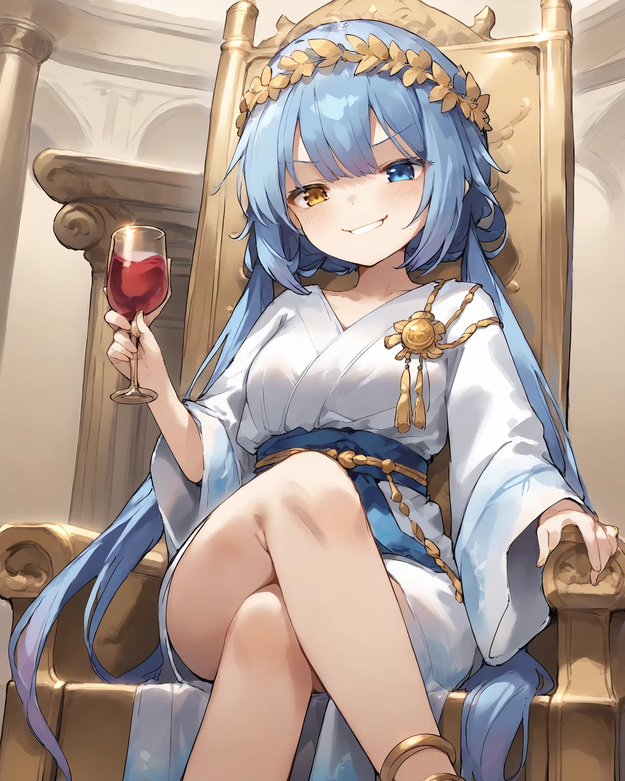 <lora:[PonyXL] SPP-1 v0.5 (SomeSloppyBoi):0.8>, 1girl, solo, SPP1, long hair, blue hair, low twintails, gradient hair, blue eyes, heterochromia, gold eye, <lora:Roman_Clothes_Pony:0.5>, plain white toga, gold wreath, sitting on throne, (crossing legs), [holding wine glass], smug grin, pov from below,