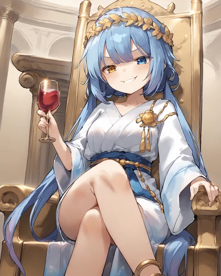 <lora:[PonyXL] SPP-1 v0.5 (SomeSloppyBoi):0.8>, 1girl, solo, SPP1, long hair, blue hair, low twintails, gradient hair, blue eyes, heterochromia, gold eye, <lora:Roman_Clothes_Pony:0.5>, plain white toga, gold wreath, sitting on throne, (crossing legs), [holding wine glass], smug grin, pov from below,