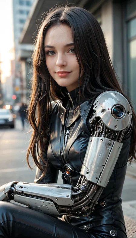 score_9, score_8_up, score_7_up, Raw Photo, Portrait, android girl, glossy black, cute, seductive, innocent, light smile:0.3, plump lips, slender body, mechanical arms, dark mood, dystopia, glowing, looking at viewer, sitting, long hair, bokeh moonlight passing through hair, sunrise, distopian futuristic city background, depth of field, dynamic angle, photo realistic:1.4, realistic skin:1.4, fashion photography, sharp, analog film grain, hyperdetailed:1.15