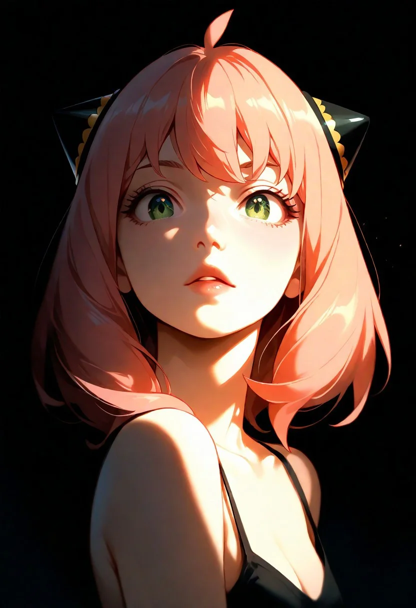 1girl,Anya Forger (Spy x Family), lips, thin lips, parted lips, solo, looking at viewer, camisole, upper body, dark, underlightling, masterpiece, best quality, very aesthetic