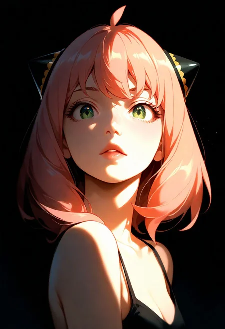 1girl,Anya Forger (Spy x Family), lips, thin lips, parted lips, solo, looking at viewer, camisole, upper body, dark, underlightling, masterpiece, best quality, very aesthetic