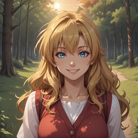 score_9, score_8, BREAK, solo, Erika_Sendou_(Fortune_Arterial), blonde hair, long hair, blue eyes, cute, self portrait, smile, looking at viewer, outdoors, sunlight, shadows, evening lighting, natural lighting, forest, trees, grass, orange sky, sunset