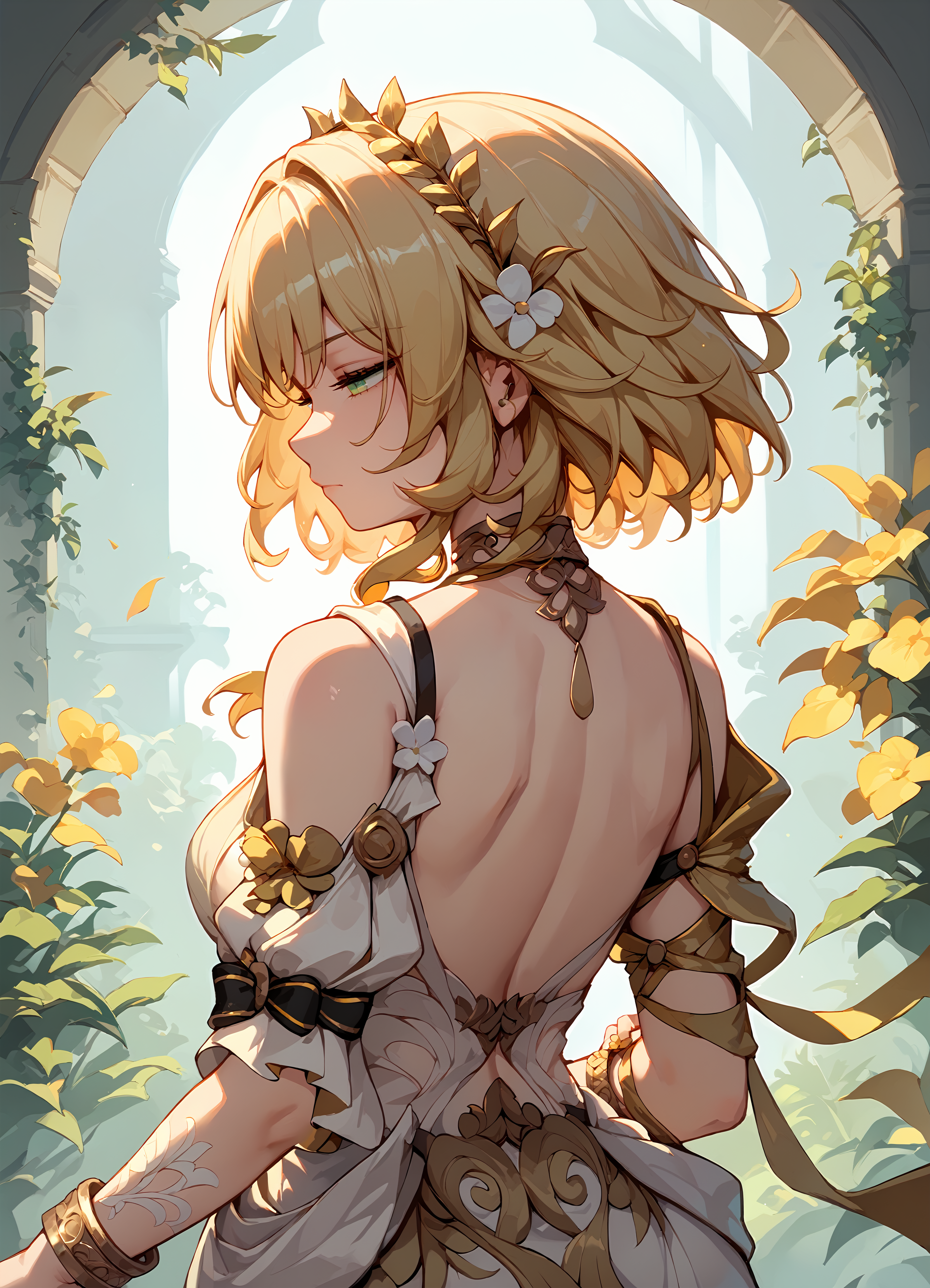 (score_9, score_8_up, score_7_up), 1girl, aglaea, laurel crown, detached sleeves, bracelet, from behind, closed mouth, half-closed eyes, upper body, <lora:aglaea-hsrPO-v1:0.9>
