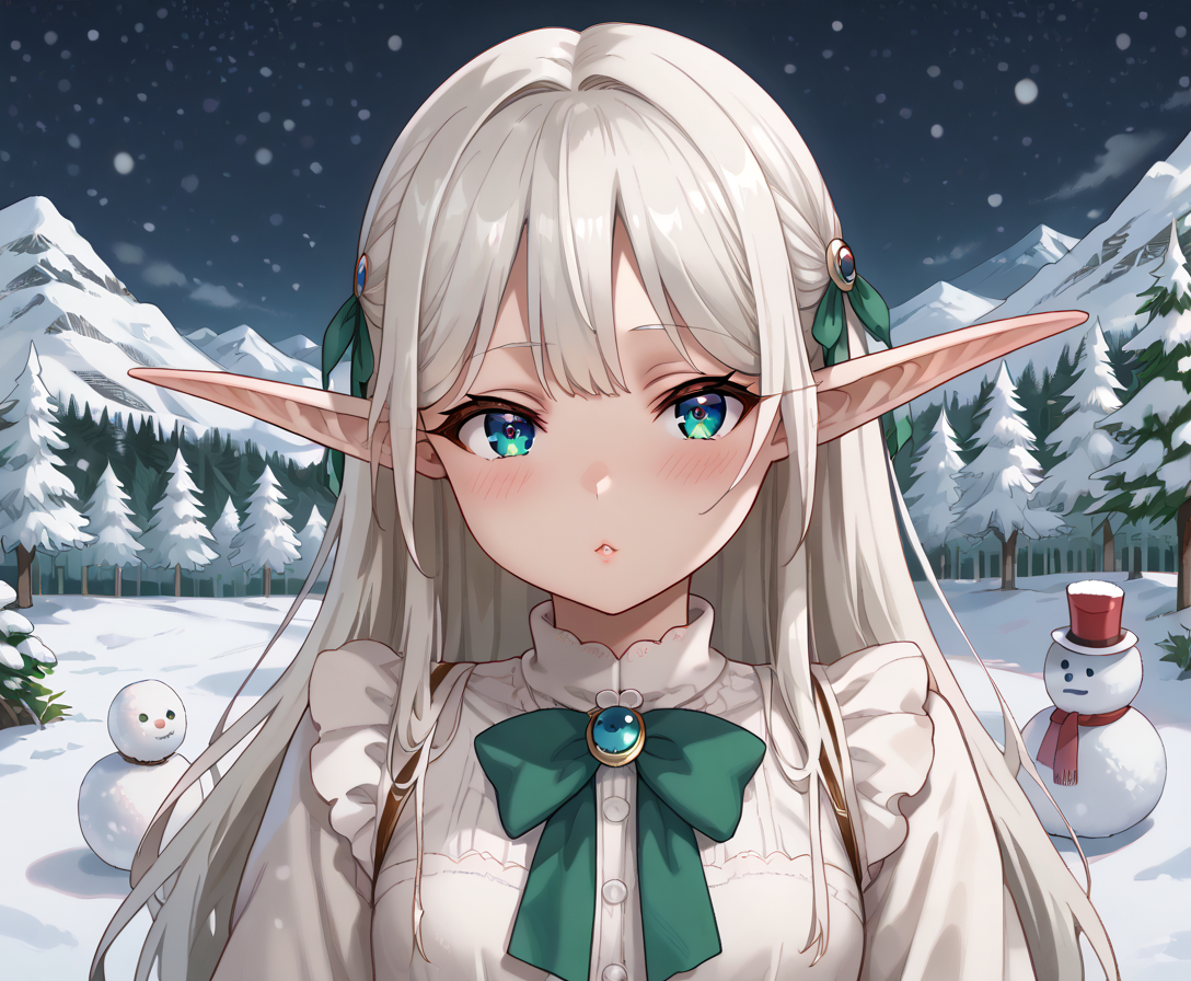 score_9, score_8_up, score_7_up, score_6_up, score_5_up, score_4_up, source_anime, anime screencap, masterpiece, insanely detailed, detailed background, zPDXL3, usagi_nagomu_style, 1girl, solo, long hair, looking at viewer, blush, pointy ears, elf, face focus,night,mountains,winter,snowing,snowman,forest