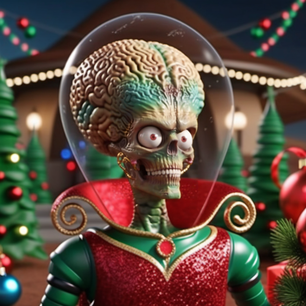 MarsAttack1024, an alien, ++((full body)), christmas scenery, garlands, gifts, christmas tree, features intricate detail, detailed eyes, highly detailed, photography, ultra sharp, film, bokeh, professional, 4k    <lora:MarsAttack1024:0.7> <lora:add-detail-xl:2>