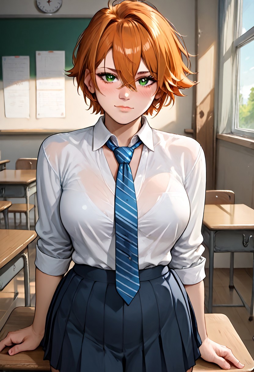 score_9, score_8_up, score_8,
SFW,
closed mouth,
green eyes, orange hair,
Standing,
gigantics breasts,
sexy 18 year old girl, 1girl, 
B18_BY1343, 
short, athletic, blushing, looking at viewer, 
solo, breasts, blush, short hair, skirt, shirt, hair between eyes, closed mouth, school uniform, white shirt, necktie, striped, collared shirt, indoors, chair, cardigan, desk, blue necktie, classroom, school desk, striped necktie,
Expressiveh,