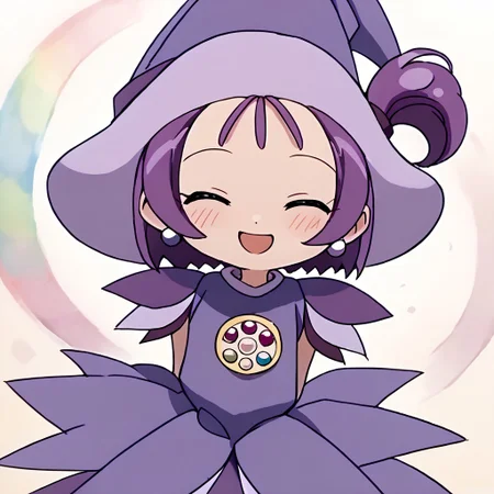 score_9, score_8_up, score_7_up BREAK Onpu2, 1girl, purple hair, bob cut, ponytail, closed eyes, purple pearl earrings, purple witch hat, dark purple hat band, layered short-sleeve purple dress, rainbow pearl circle chest badge, purple white gloves, purple white boots, rainbow pearl bracelet, open mouth smile, blushing, cowboy shot, hands behind back,