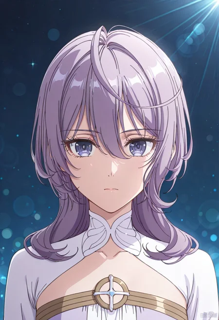 score_9, score_8_up, score_7_up, dynamic view, eye_focus, solo, looking_at_viewer, 1girl,
masterpiece, best quality, bokeh, luminescent background,
( philiaa denauer, purple hair, ahoge, long hair, blunt bangs, hair over shoulder, hair betveen eyes, purple eyes, small breasts, closed mouth, serious face, dress, two-tone dress, purple dress, white dress, sidelocks, long sleeves, white shoes,
),
portrait, happy