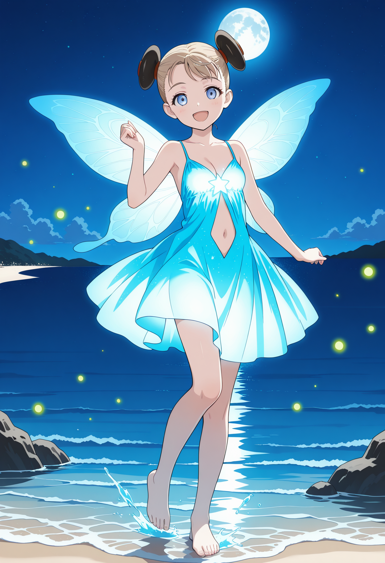 <lora:AlvisEHamiltonIL:1>, alviseh, solo, 
fireflies, on water, barefoot, standing, smile, open mouth,
blue dress,solo, glowing dress, neon blue glowing, navel, cleavage, dynamic, vivid, looking at viewer, cute pose, night sky, moon, stars, splash, beach, ocean, provoactive, glowing wings, fairy wings, dancing,
masterpiece,best quality,amazing quality,