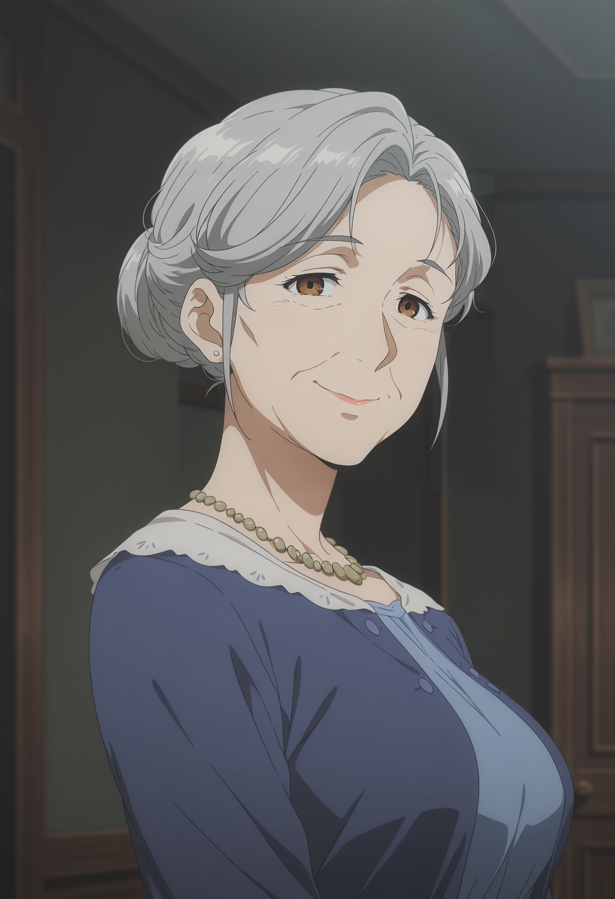 1girl,solo,mm,mature female,old woman,grey hair,brown eyes,hair bun,anime coloring,
blue dress,upper body, looking at viewer, smile,indoors
,masterpiece,best quality,amazing quality,<lora:Tiffany_Evergarden-Violet_Evergarden_IL:0.7>