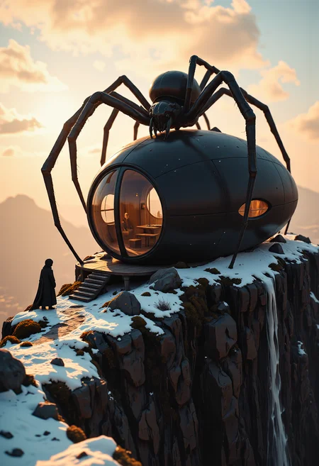 A dark egg-shaped structure perched precariously on the edge of a massive cliff overlooking a huge void on a very snowy winter afternoon, covering everything around it. The golden hour bathes the scene in warm, radiant light, casting long, dramatic shadows over the rugged terrain. Large oval windows framed by sculpted organic lines reveal the soft amber glow of the interior, harmonizing with the golden tones of the sky. The structure's matte, deep black exterior contrasts vividly with the surrounding jagged rock formations and the rugged texture of the cliff. From a low perspective, a narrow path winds along the edge of the cliff and leads to the structure's entrance, the edges of which are illuminated by golden sunlight. Sparse vegetation and moss cling to the crevices of the rock surface, defying the windswept environment. The biomorphic design of the structure evokes a futuristic yet natural aesthetic, blending perfectly with the spectacular surroundings. The muted color palette of blacks and grays is enriched by the warm tones of golden hour, while soft, diffuse lighting highlights the soft, fluid forms of the structure. The atmosphere is tranquil, otherworldly and inspiring, evoking a sense of solitude and reverence in this unique retreat on the precipice of the world.
Towering above the structure, a supernatural, gargantuan spider with grotesquely elongated legs looms menacingly, its body hunched over the curved form of the building as though it has claimed the structure as its prey. Its spindly legs stretch impossibly far, digging into the cliffside, while thin, glistening strands of webbing shimmer faintly in the warm light, clinging to the structure and nearby rocks. The spider’s glowing, otherworldly eyes pierce through the tranquil golden hour, adding a sinister, predatory presence to the scene.