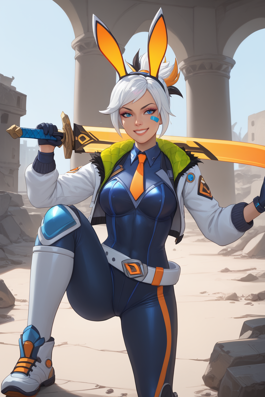 score_9, score_8_up, score_7_up, masterpiece, high quality, BREAK
<lora:RivenPonyLora:0.9>Rvn, BttlBnny, fake animal ears, multicolored hair, short hair, tucked ponytail, jacket, fur trim, single bracer, pants, bodysuit, necktie, mittens, tail, belt, single knee pad, bandaid on cheek, sword, holding sword, smile, ruins, battlefield, sword fighting stance