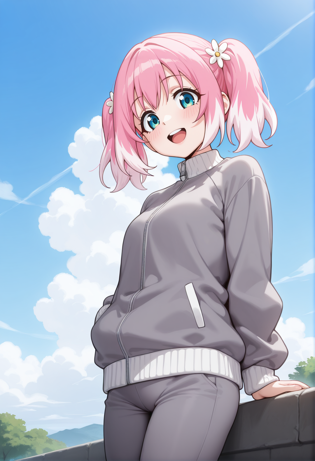 <lora:Nana (Talentless Nana)_illustrious-000028:1>,masterpiece,best quality,(amazing quality),very aesthetic,absurdres,newest,huge filesize,
Nana_\(Talentless Nana\),solo,multicolored hair,pink hair,twintails,hair flower,smile,cowboy_shot,looking_at_viewer,upper teeth only,outdoors,sky,white clouds,grey jacket,grey sweatpants