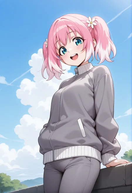 <lora:Nana (Talentless Nana)_illustrious-000028:1>,masterpiece,best quality,(amazing quality),very aesthetic,absurdres,newest,huge filesize,
Nana_\(Talentless Nana\),solo,multicolored hair,pink hair,twintails,hair flower,smile,cowboy_shot,looking_at_viewer,upper teeth only,outdoors,sky,white clouds,grey jacket,grey sweatpants