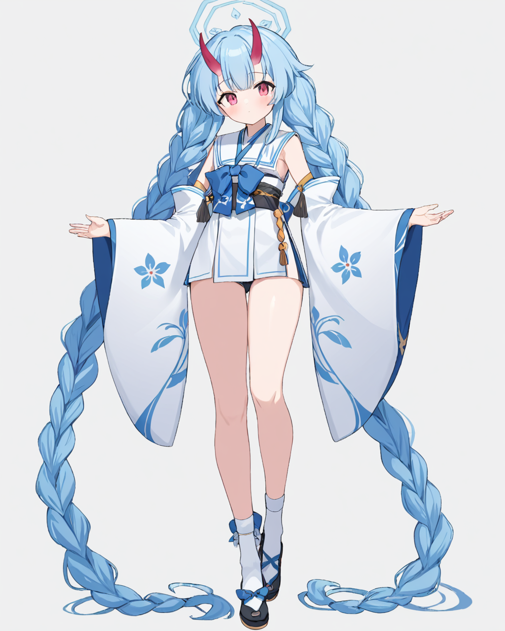 chise \(blue archive\),1girl, solo, halo, detached_sleeves, wide_sleeves, full_body, white_background, simple_background, oni_horns, socks, obi, looking_at_viewer, closed_mouth, kimono, blush, tabi, flower, twin_braids, blue_bow, long_sleeves, red_horns, hair_ornament, standing_on_one_leg, sleeveless
<lora:chise_(blue_archive)_image877_2023-11-26-000012:1>halo. gorgeous,key visual, vibrant, studio anime,award-winning, professional, highly detailed,high budget, cinemascope