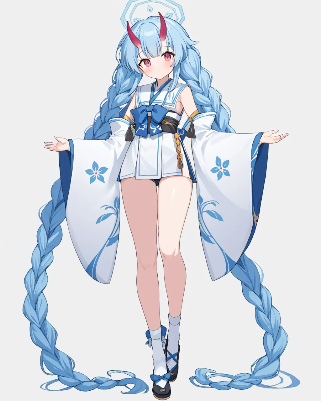 chise \(blue archive\),1girl, solo, halo, detached_sleeves, wide_sleeves, full_body, white_background, simple_background, oni_horns, socks, obi, looking_at_viewer, closed_mouth, kimono, blush, tabi, flower, twin_braids, blue_bow, long_sleeves, red_horns, hair_ornament, standing_on_one_leg, sleeveless
<lora:chise_(blue_archive)_image877_2023-11-26-000012:1>halo. gorgeous,key visual, vibrant, studio anime,award-winning, professional, highly detailed,high budget, cinemascope