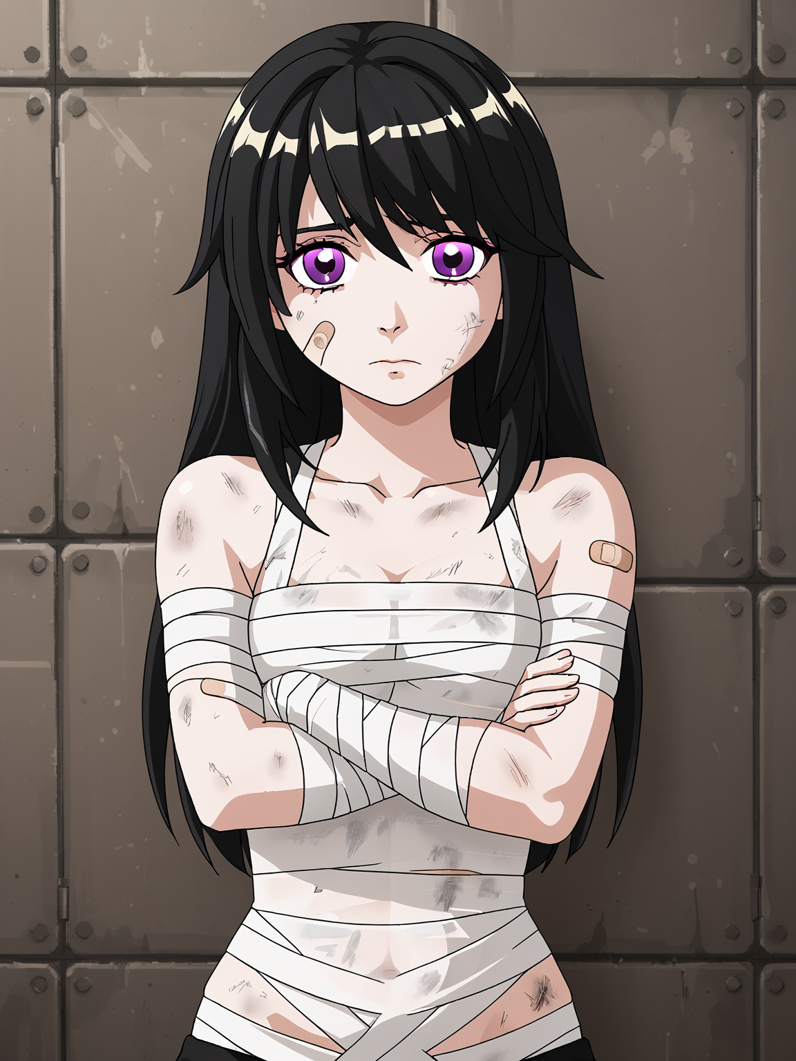 1girl, ariabri, long hair, black hair, face, purple eyes
solo <lora:Bri (ARIA):1>, score_7_up
bandaid, bandages, injured