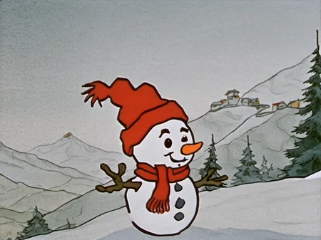 A snowman looking happy, wearing a hat and red scarf, snowy mountains in the background, Rune Andreasson style <lora:Rune_Andreasson_Style_V2:1>
