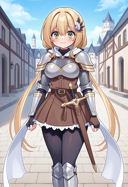 1girl, solo, chanyuusha, blonde hair, low twintails, very long hair, hair ornament, green eyes, medium breasts, chainmail, breastplate, pauldrons, vambraces, fingerless gloves, white scarf, black pants, armored boots, sword, sheathed, outdoors, castle, courtyard, arms at side, legs together, straight-on, wavy mouth, nervous, looking at viewer,