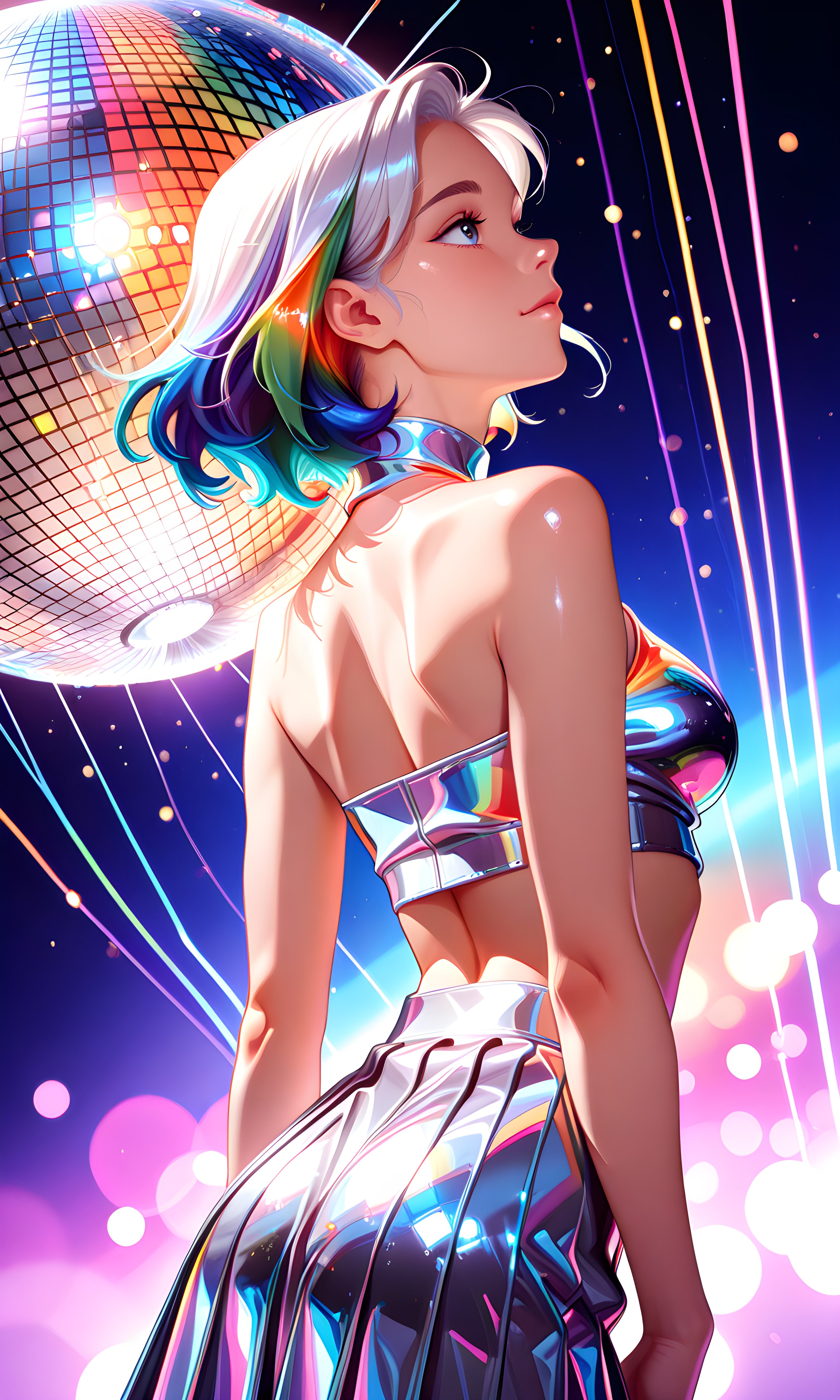 1girl, solo, Neon corridor lined with disco balls, Shiny pleated skirt and chrome crop top, Back arched slightly, gazing sideways, Rainbow lens flares across frame, Bokeh neon orbs floating, Multi-colored sparkles floating, 8K, highly detailed, ultra textural, masterpiece