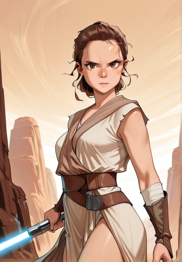 masterpiece, best quality, amazing quality, very aesthetic, absurdres,  newest, detailed background, cowboy shot,  outdoors, dynamic angle, 
reysw, lightsaber, 1girl, energy sword, solo, brown hair, weapon, sword, robes, brown eyes, holding, looking at viewer,
 <lora:Rey_-_Star_Wars_Illustrious:1>