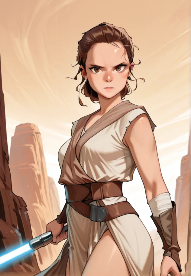 masterpiece, best quality, amazing quality, very aesthetic, absurdres, newest, detailed background, cowboy shot, outdoors, dynamic angle,
reysw, lightsaber, 1girl, energy sword, solo, brown hair, weapon, sword, robes, brown eyes, holding, looking at viewer,
<lora:Rey_-_Star_Wars_Illustrious:1>