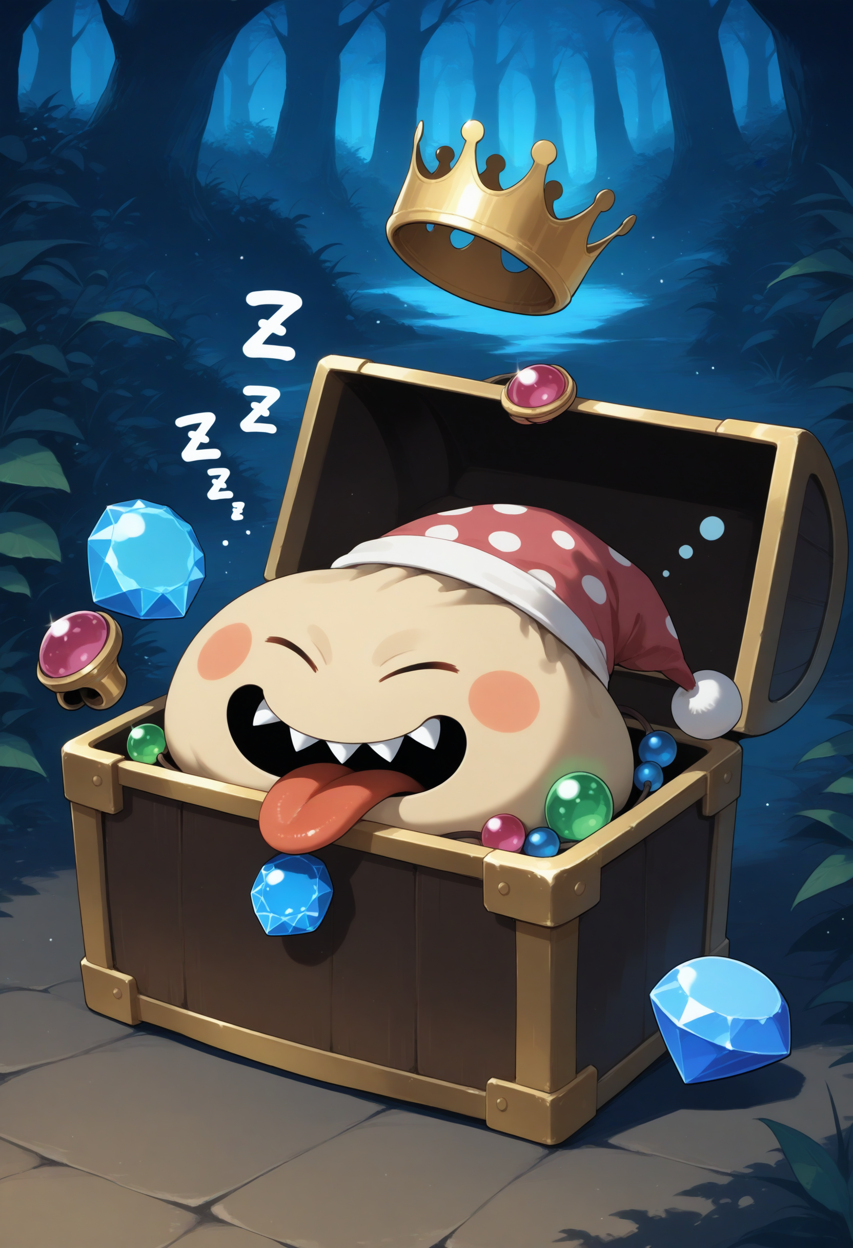 masterpiece,extreme detailed,outdoors,dungeon BREAK no humans,no_legs,full body,
BREAK goodybag_(dq),crown,no humans,gem,necklace,sharp teeth,open_eyes,tongue,<lora:goodybag_(dq)-NAI:1>,closed eyes,zzz,in box,sleeping,nightcap,treasure chest,