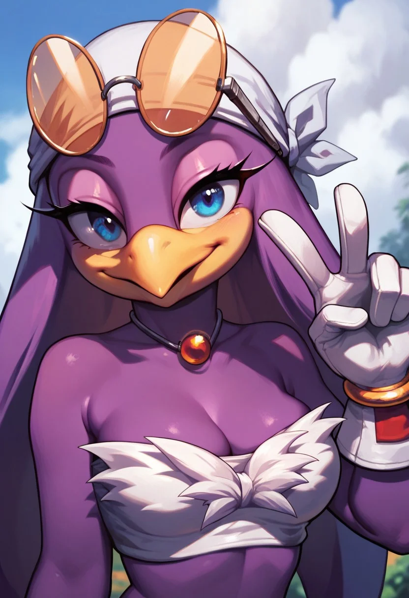 score_9, score_8_up, score_7_up, ultra quality, 5fingers, 1girl, Waveswallowxl, beak, mobian, purple skin, blue eyes, bandana, long hair, eyewear on head, tube top, upper body, white gloves, v sign, looking at viewer,